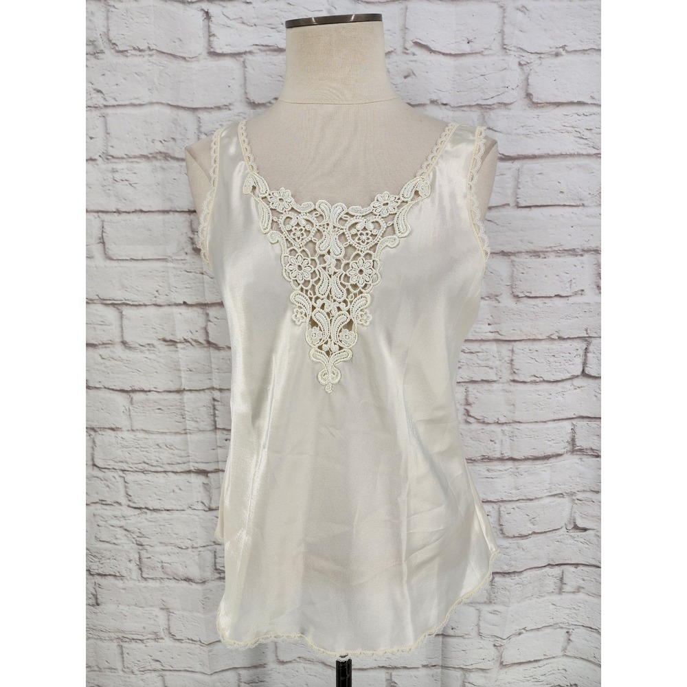 Vintage Cinema Etoile Ivory Satin Lace Camisole Cami Top Large Made USA Coquette